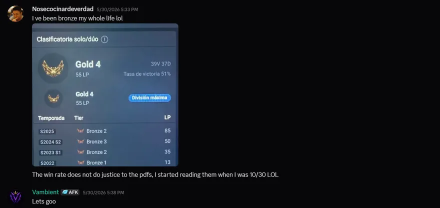 Discord post from Nosecocinardeverdad: I've been bronze my whole life lol. The win rate does not do justice to the pdfs. Rank card showing Gold 4 after four Bronze seasons.